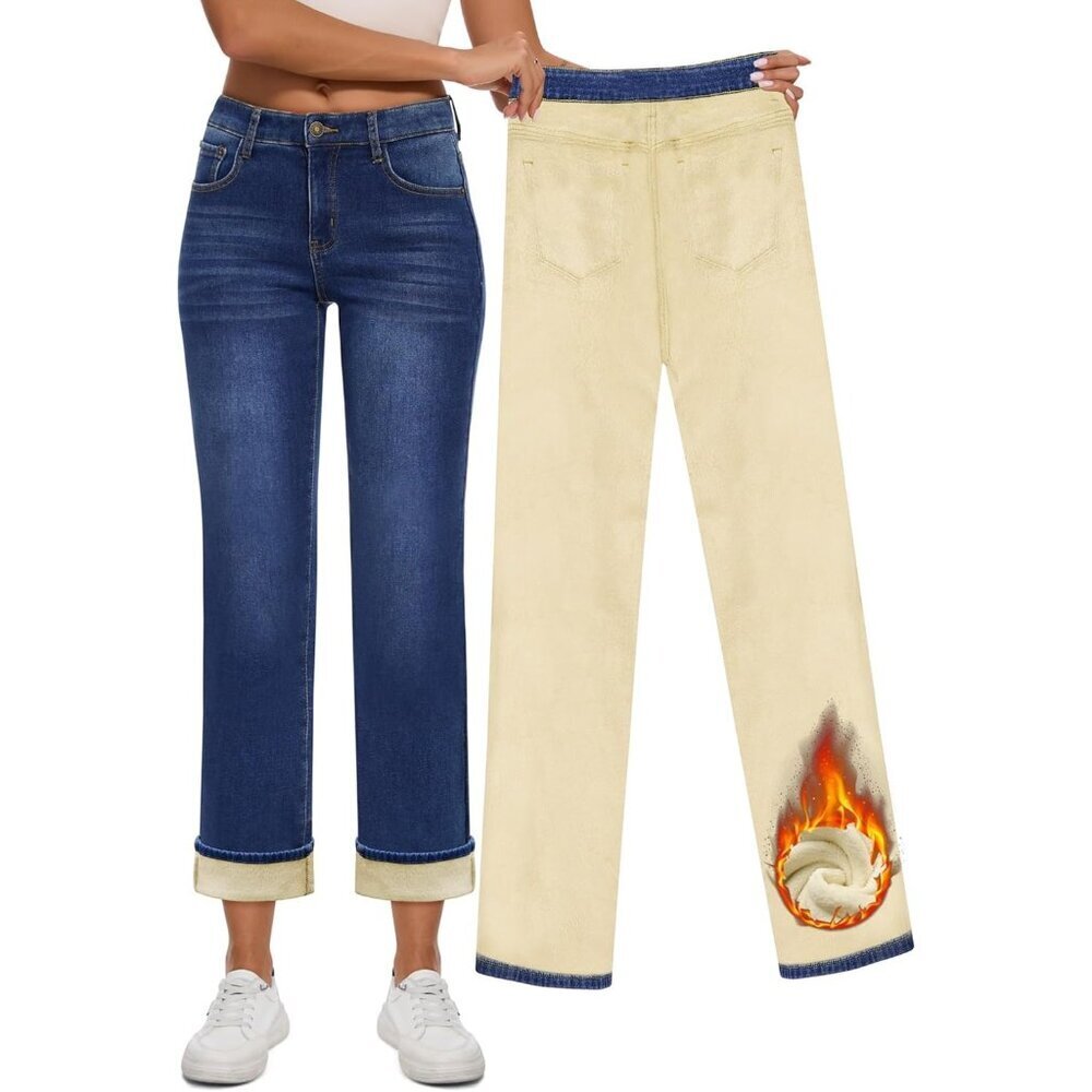 Women Fleece Lined Jeans High-Waisted Straight Leg Winter Denim Pants